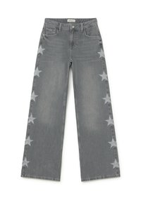 Gray wide-leg jeans with a faded texture, featuring large gray star appliqués along the side seams and a traditional five-pocket design.