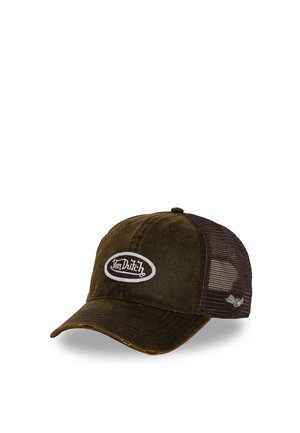 Dark green and brown mesh baseball cap with Von Dutch logo patch on front and small winged logo on side panel.