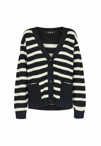 Čiernobiela pruhovaná cardigan z pleteného materiálu, s V-výstrihom, zapínaním na gombíky a dvoma prednými vreckami. Štruktúrovaná látka.