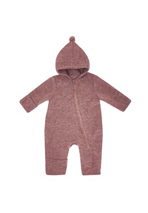 Soft pink baby onesie with hood featuring a pom-pom top and a diagonal front zipper closure.