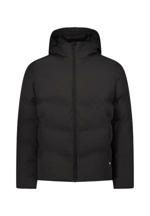 Zwarte pufferjack met een capuchon, voorzien van een ritssluiting aan de voorkant, twee zijzakken en subtiele stiksels op het lichaam.
