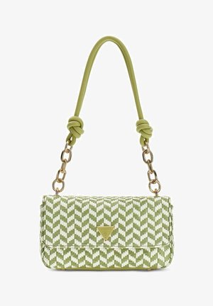 Grüne und weiße, gewebte, rechteckige Handtasche mit kurzem, geknotetem Tragegriff und goldfarbenen Kettengliedern, versehen mit einer kleinen, goldenen dreieckigen Logoschilder.