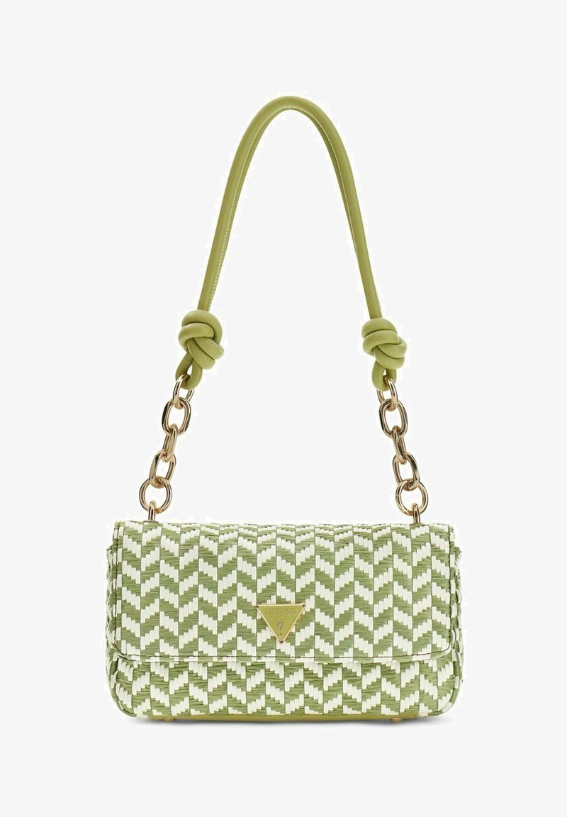 Sac à main rectangulaire tissé vert et blanc avec une courte anse nouée et des maillons de chaîne dorés, présentant une petite plaque logo triangulaire dorée.