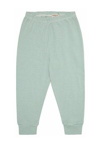 Lichtgroene gestreepte broek met een soepele textuur, elastische tailleband en taps toelopende boorden. Heeft een gelijkmatig horizontaal streepjespatroon over de hele broek.