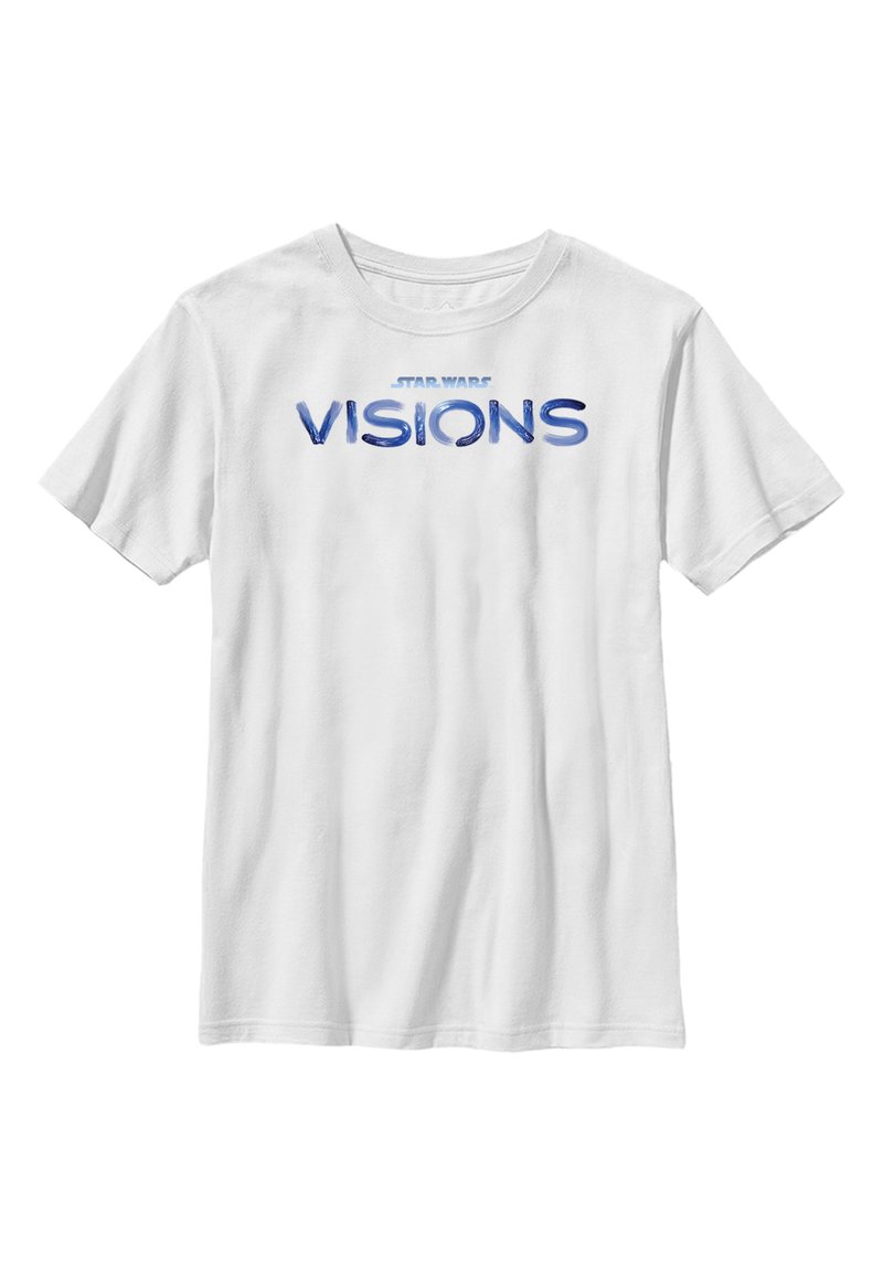Hvid bomulds T-shirt med teksten "STAR WARS VISIONS" i blå. Korte ærmer, rund hals og et standard fit design.