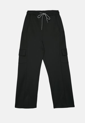 Black cargo pants made from a smooth, stretchy fabric. Features an elastic waistband with a drawstring and side pockets.