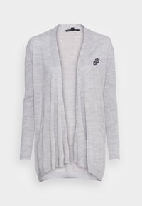 Ljusgrå cardigan med öppen framsida, långa ärmar, tillverkad av mjukt stickat material. Har en liten svart logotyp på vänster sida.