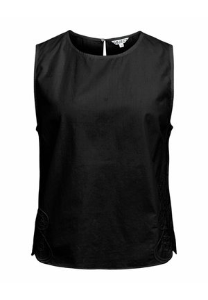 Blouse noire sans manches avec col rond, fermeture par boutons au dos et détails brodés subtils près de l'ourlet sur les côtés.
