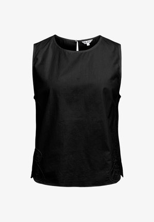Blouse noire sans manches avec col rond, fermeture par boutons au dos et détails brodés subtils près de l'ourlet sur les côtés.