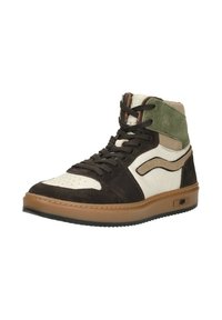 Hoge sneakers met panelen van bruin, beige en groen suede. Gelaagde witte neuskap, bruine zool en donkere veters met een embleem aan de zijkant.
