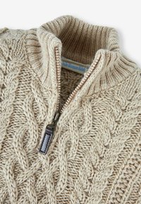 Beżowy sweter z dzianiny z wysokim kołnierzem i zamkiem błyskawicznym, z fakturowanym wzorem w warkocze oraz skórzaną zawieszką do zamka. Miękki, przytulny materiał.