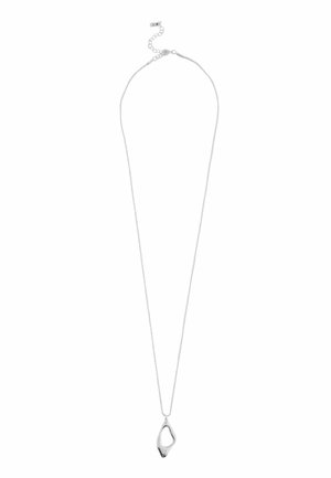 Silberne Kettenhalskette mit einem glatten, abstrakt geformten Anhänger und einem verstellbaren Klappverschluss.