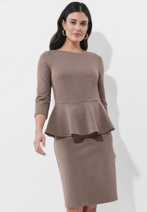 Brown peplum dress with long sleeves, fitted pencil skirt, and a smooth, textured fabric. Simple round neckline and seam details.