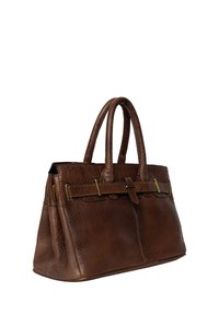 Borsa in pelle marrone con forma strutturata, manici doppi e dettagli metallici color oro. Superficie testurizzata con una finitura a grana sottile.