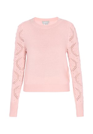 Roze gebreide trui met een ronde hals en lange mouwen, met een chevron ajourpatroon langs de mouwen en geribde boorden.