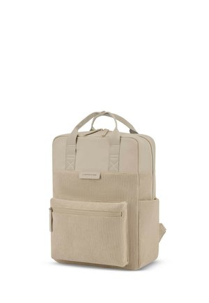 Beiger Cord-Rucksack aus Kord mit Reißverschlusstasche vorne, Tragegriffen oben und Seitentaschen, entworfen für den täglichen Gebrauch oder Reisen.
