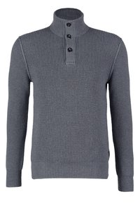 Maglione grigio a maniche lunghe lavorato a maglia, con polsini e cintura a coste, caratterizzato da un colletto alto con tre bottoni neri.