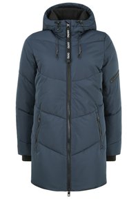 Mørkeblå polstret jakke med hette, med frontglidelås, sidelommer og elastiske mansjetter, med et chevron-quiltemønster.