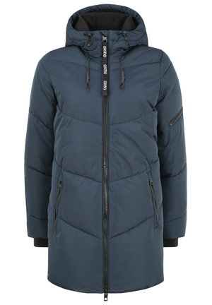 Marineblauwe gewatteerde jas met een capuchon, voorzien van een lange rits aan de voorkant, zijzakken en elastische manchetten, met een zigzag gestikt patroon.