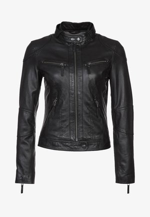 Zwart leren motorjack met een hoge kraag, ritssluiting aan de voorkant en twee borstzakken. Heeft getextureerde mouwen en een aansluitend design.