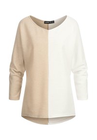Langsleeve top met een splitontwerp in beige en wit, gemaakt van zachte stof met een ronde halslijn en een gebogen zoom.