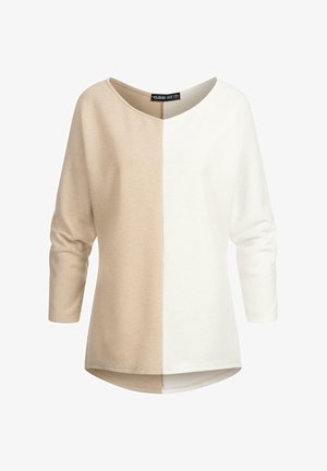 Langsleeve top met een splitontwerp in beige en wit, gemaakt van zachte stof met een ronde halslijn en een gebogen zoom.