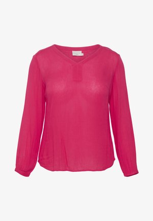 Heledane roosa pikkade varrukatega pluus, mis on valmistatud kergest kangast, V-kaelusega ja voltide detailidega, pehme kogumisega varrukad ja lõdva lõikega.