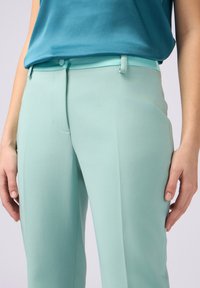 Miętowo-zielone spodnie o dopasowanym kroju z gładką teksturą, z prostymi nogawkami i średnim stanem. Połączone z niebieską bluzką.