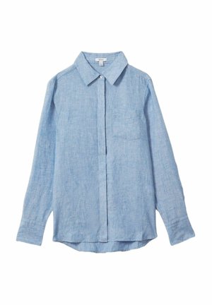 Camicia di lino azzurro chiaro a maniche lunghe con chiusura a bottoni, colletto a punta e una tasca sul petto. Tessuto morbido e vestibilità rilassata.