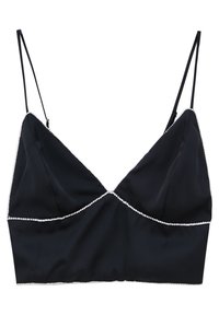 Bralette de satén negro con tirantes finos, que presenta un ribete de perlas a lo largo del escote y debajo del pecho, y un diseño triangular simple.