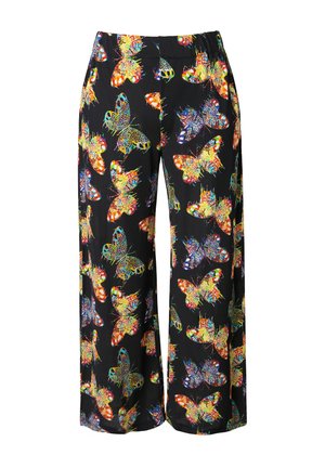 Pantaloni neri a gamba larga con una stampa di farfalle colorate in vari motivi. Vita elasticizzata per il comfort. Tessuto morbido e leggero.
