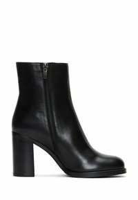 Black leather ankle boot with a smooth finish, side zipper, rounded toe, and a chunky heel for stability.