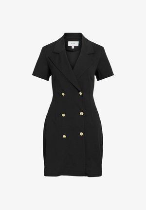 Svart blazerkjole med korte ermer, dobbeltradede gullknapper og slagkrage, skreddersydd passform, knelang.
