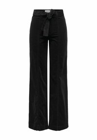 Pantaloni neri a gamba larga con cintura, realizzati in tessuto morbido. Caratterizzati da una vita alta, cuciture frontali e impunture evidenti.