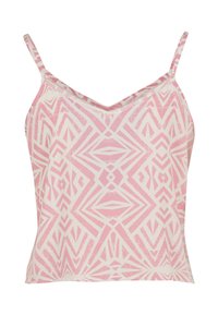 Top in rosa pallido con motivo geometrico bianco. Presenta spalline sottili regolabili e scollatura a V. Realizzato in tessuto morbido con una consistenza liscia.