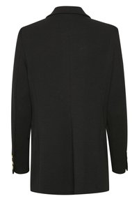 Černý blazer s výstřihovým límcem, dlouhými rukávy a zlatými knoflíky na manžetách. Hladká textura a upravený střih s elegantní siluetou.