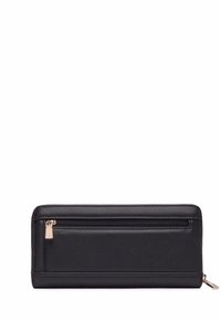 Portafoglio in pelle nera con un design elegante, dotato di una tasca con zip, texture liscia e accessori in tonalità oro.