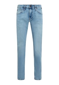 Light blue denim jeans with a straight cut, featuring front pockets, a button closure, and minimal fading for a classic look.