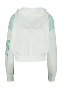 Biała krótka bluza z kapturem z jasnobłękitnymi akcentami z siateczki. Posiada kaptur ze ściągaczem i wyszywane logo w dopasowanym odcieniu mięty na rękawie.