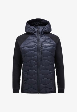Marineblau gepolsterte Jacke mit Kapuze, mit einem gesteppte Muster auf der Vorderseite, schwarzen Ärmeln, einem Reißverschlussfach auf der Brust und elastischen Bündchen.