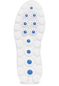 Valkoinen kenkä sole, jossa on ympyrämuotoisia sinisiä kumistappeja järjestettyinä riveihin pitämään kiinni ja vaimentamaan iskuja.