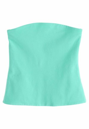 Strapless, turquoise-blue, fitted tube top with a slight flare at the bottom, made of smooth fabric.