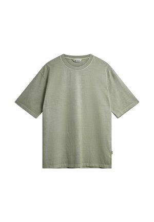 Short-sleeve t-shirt in light green cotton, featuring a round neckline and relaxed fit. No visible patterns or hardware details.