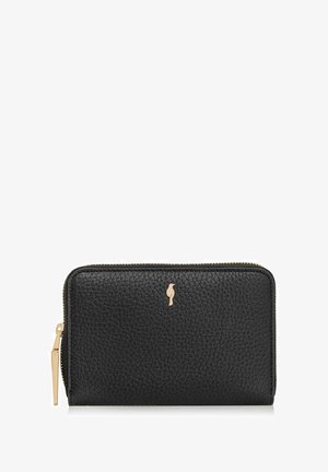 Czarny skórzany portfel o fakturze przypominającej kamyczki. Posiada złoty zamek błyskawiczny i małe metalowe logo z przodu. Prostokątny kształt.