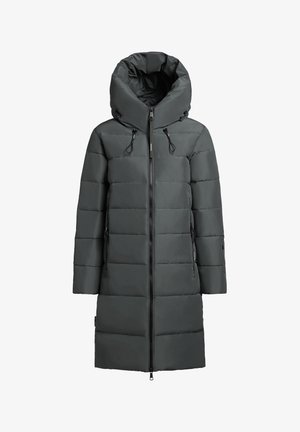 Puchowa kurtka w ciemnoszarym kolorze, z wysokim kołnierzem, zamkiem z przodu oraz bocznymi kieszeniami z akcentami w postaci sznurka. Gładka, wyściółkowana tekstura.