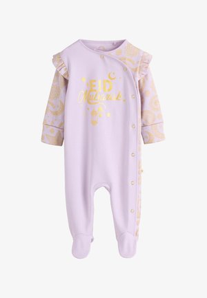 Pelele de algodón para bebé en color lila claro con texto dorado "EID Mubarak", volantes decorativos y mangas largas con estampado de estrellas y faroles.