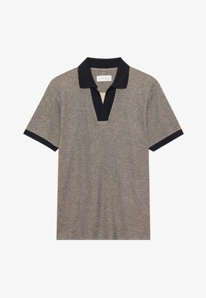 Short-sleeve polo shirt in a textured, beige fabric with a contrasting black collar and placket. Features a V-neck design and fitted sleeves.