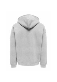Sweat à capuche gris clair montré de dos avec manches longues et poignets et ceinture côtelés.