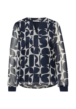Blouse à manches longues bleu marine et blanche avec motif géométrique abstrait, col en V, tissu semi-transparent et poignets élastiques.