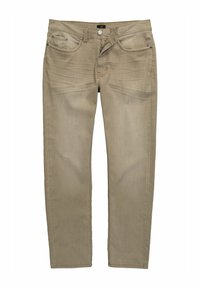 Vaqueros de mezclilla beige con corte slim, diseño de cinco bolsillos y costuras en contraste. Cierre de botón y cremallera con etiqueta de marca en la cintura.